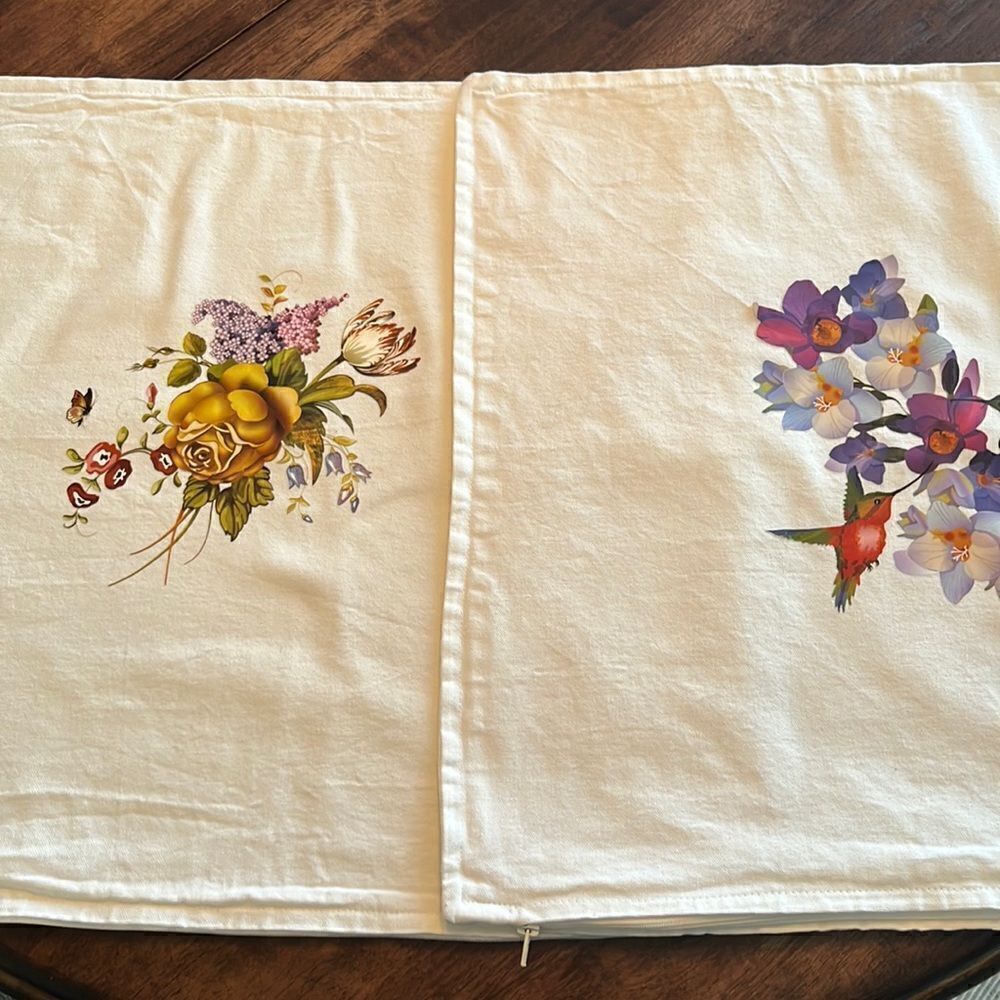 Cream Decorative Pillow Covers with Floral Transfers with Zipper Closure-  2pcs